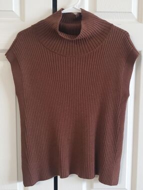 Eileen Fisher Brown Ribbed Sleeveless Turtleneck Sweater